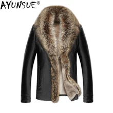 AYUNSUE, мужская кожаная куртка, зима, роскошное пальто из меха енота, мужской второй слой, овчина, кожаная куртка, парка размера плюс, LX2406