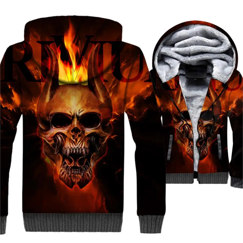 2018 New Fashion Winter Thick Coat Male 3D Fire Skulls Hoodies
