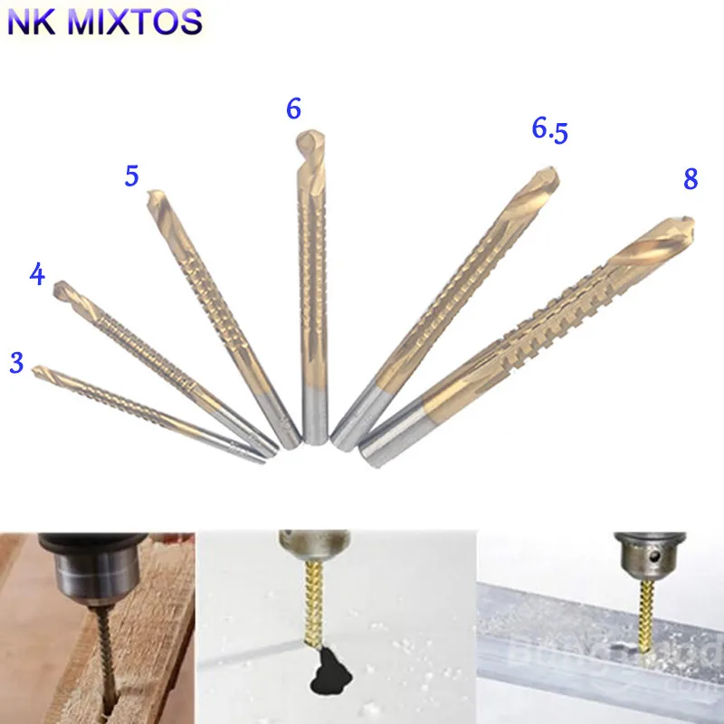 

6PC/Set HSS Twist Drill Bit Set Titanium Coated Drill Bits Hole Saw Cutter For Woodworking Tool 3mm 4mm 5mm 6mm 6.5mm 8mm