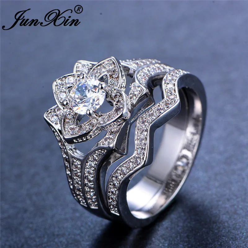 JUNXIN 80 OFF! Luxury Plant Leaf Flower Wave Ring Sets For Women 925 Silver Filled White Zircon Engagement Couples Ring Female