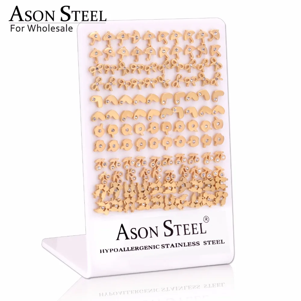 

ASONSTEEL Wholesale 60Pairs/Lot Stainless Steel Stud Earrings Different Shape Earrings Model pendientes mujer moda 2018