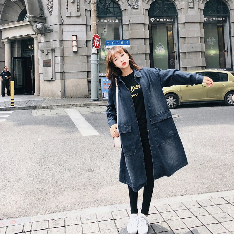 Nouvelle Dark Blue Ljj0088 Automne light Mode Coupe Lâche Section Taille Femme Veste Longue 2018 vent Grande Femmes Jean En Casual Blue Printemps Manteau EHB4q5Ux5w