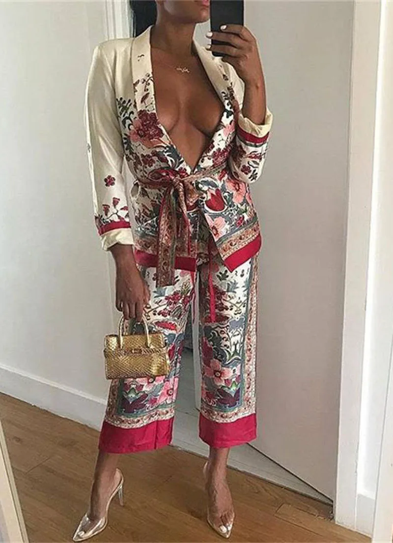 Cal-as-Terno-das-mulheres-Cruz-V-Neck-Manga-Comprida-V-Neck-Kimono-Jaquetas-Impresso-Ampla