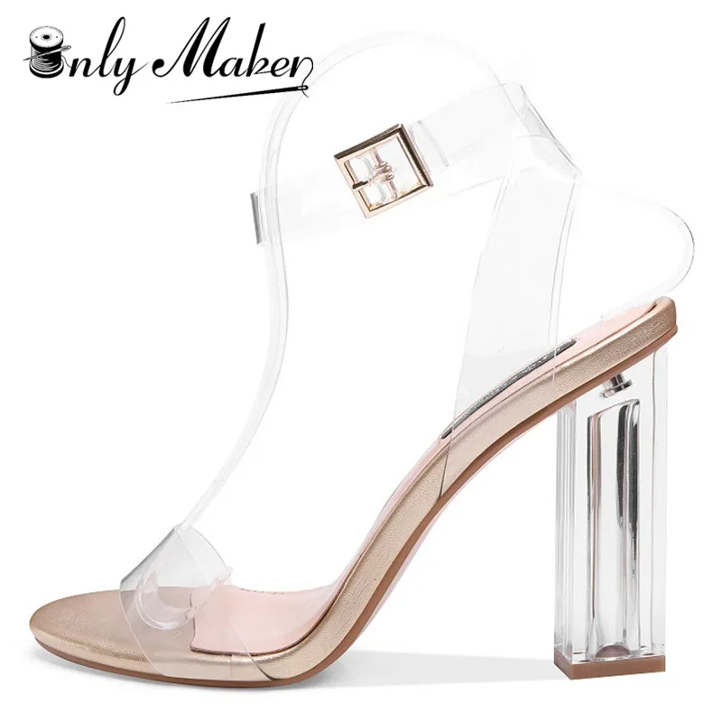 Ladies Transparent Clear Classic Shoes European Block Heel Lucite Peep Toe Buckle Sandals