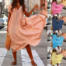 Vertvie летнее женское пляжное платье, повседневное с v-образным вырезом, однотонная длинная юбка, сексуальные женские туники, пляжная мода, короткий рукав, пляжная одежда