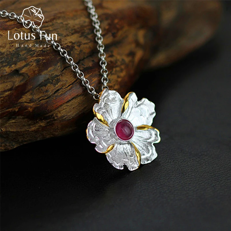 

Lotus Fun Real 925 Sterling Silver Natural Tourmaline Handmade Fine Jewelry Peony Flower Pendant without Necklace for Women