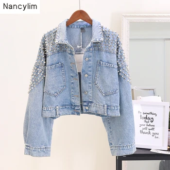 

High Waist Denim Jacket Women Spring Autumn Suit New Heavy Rivets Jackets Ladies Bat Sleeve Loose Basic Coat Streetwears