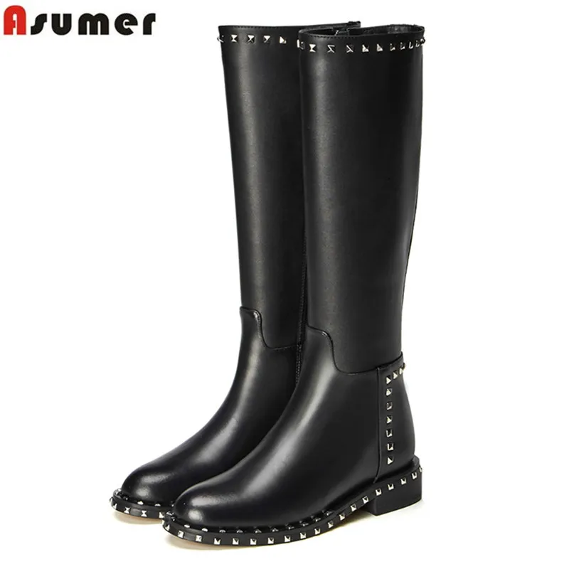 Stiefel Ferse Damen Winter Neue Eur Größe Kniehohe Platz Schwarzes 2019 Frauen Echtem Punk Leder Asumer 34 41 Nieten HIR0q1w