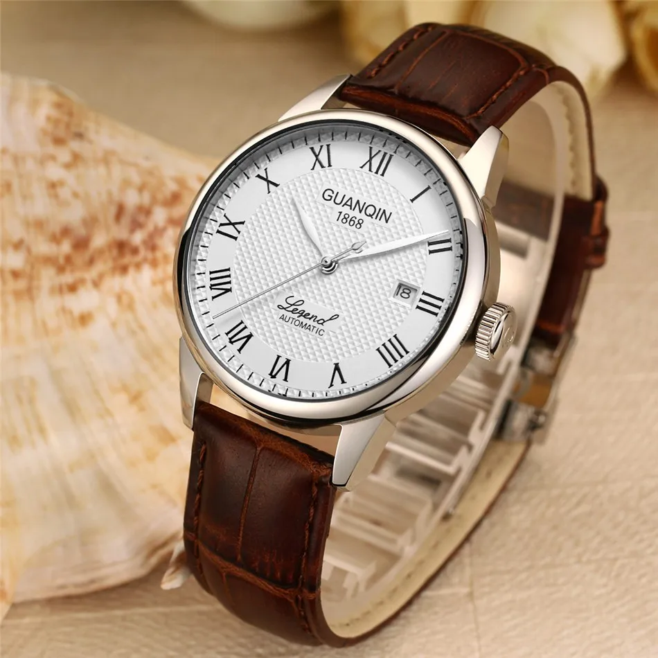 GUANQIN Mens watch Luxury Automatic Watch Men Mechanical Movement Wristwatches Waterproof Watches Top Brand White Day Display