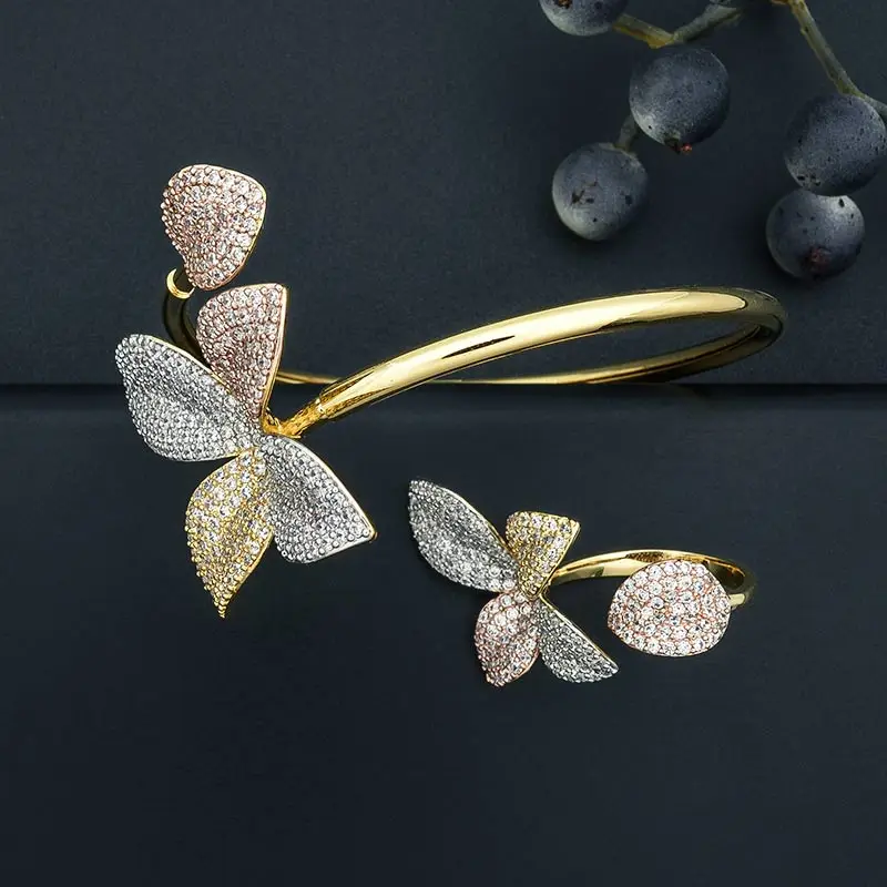 ModemAngel роскошный цветок лист AAA кубический цирконий для женщин обручение вечерние подарочные браслеты браслет и кольцо набор
