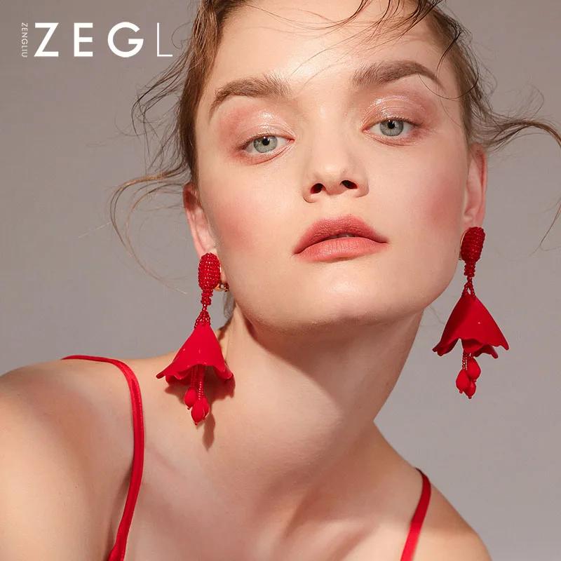 

ZEGL Fashion ear clips without pierced female red earrings beaded flowers earrings long eardrop valentines day gift