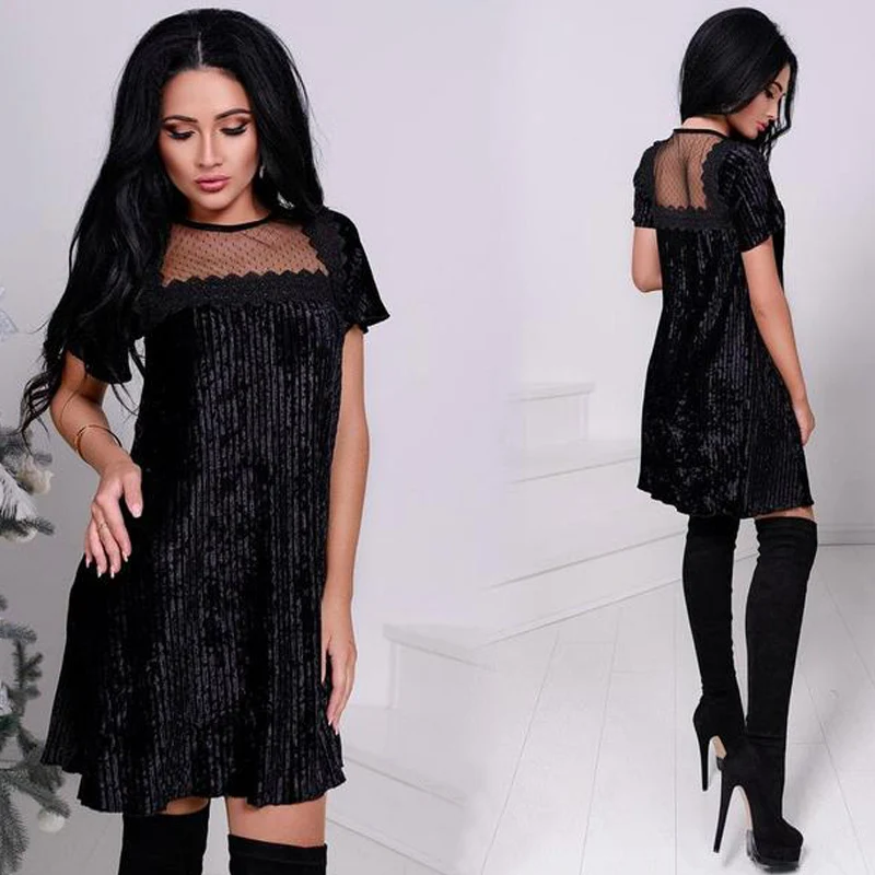 

Sexy Hollow Out Lace Patchwork Short Sleeve Mini Dress Women Clothes2019 Black Club Party Loose Elegant Lady Dresses Robe Femme
