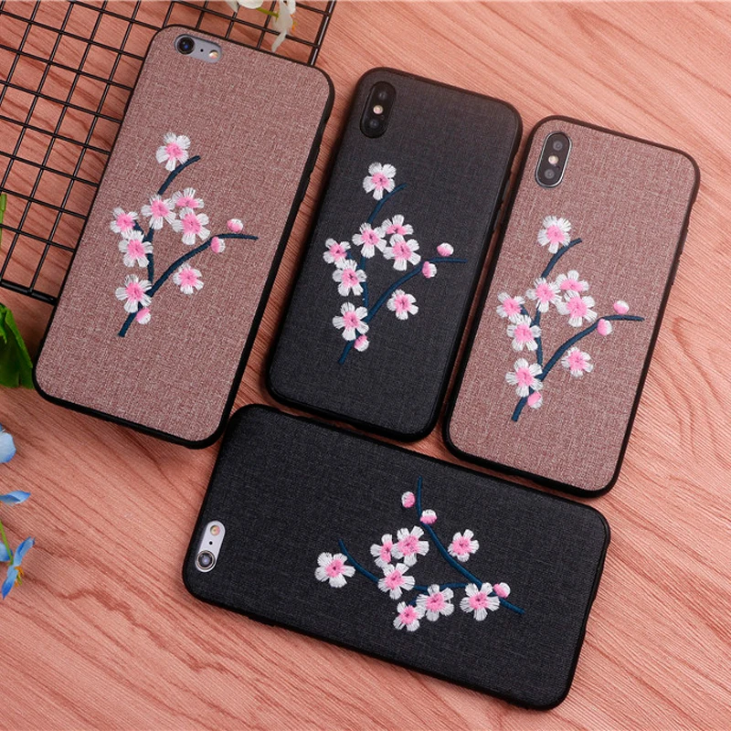 

luxury Handmade embroidery 3D Plum blossom case for iphone X girl phone cases for iphone x 6 6s 8 7 plus cover for iphoneX Case