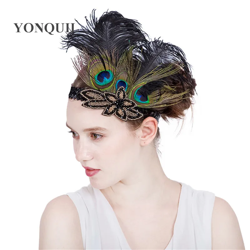 Multi colors Peacock feathers Hair Accessories Black Sequin headband Party Headpiece Women