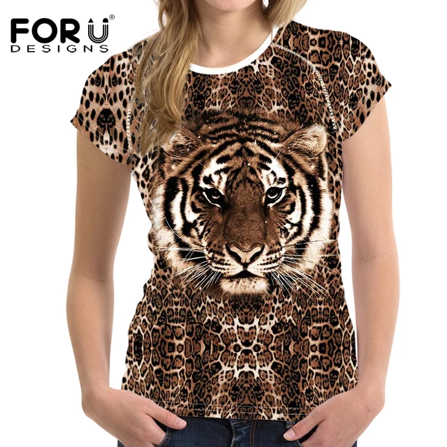 FORUDESIGNS Novelty Tiger Printed Women T Shirt Summer Female Ladies