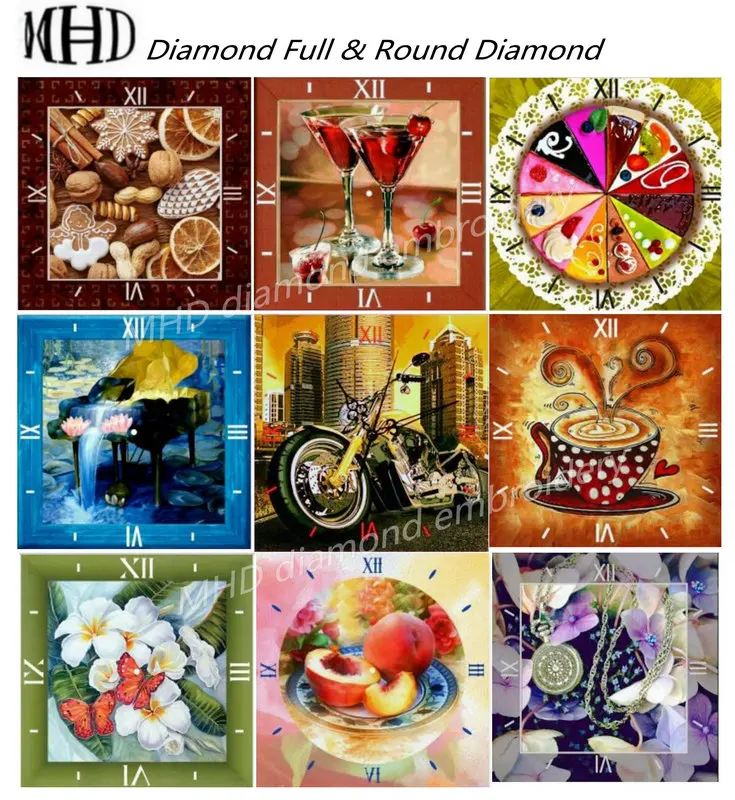 

MHD Wall Clock 9 Icons Diamond Embroidery 5D-DIY Diamond Painting & Round Diamond Cross Stitch Living Room Wall Decorations