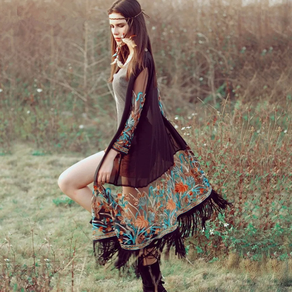 

National Style Bohemian 2018 Summer Kimono Cardigan Casual Fashion Boho Hippie Embroidery Tassel Ladies Shirts Women Tops