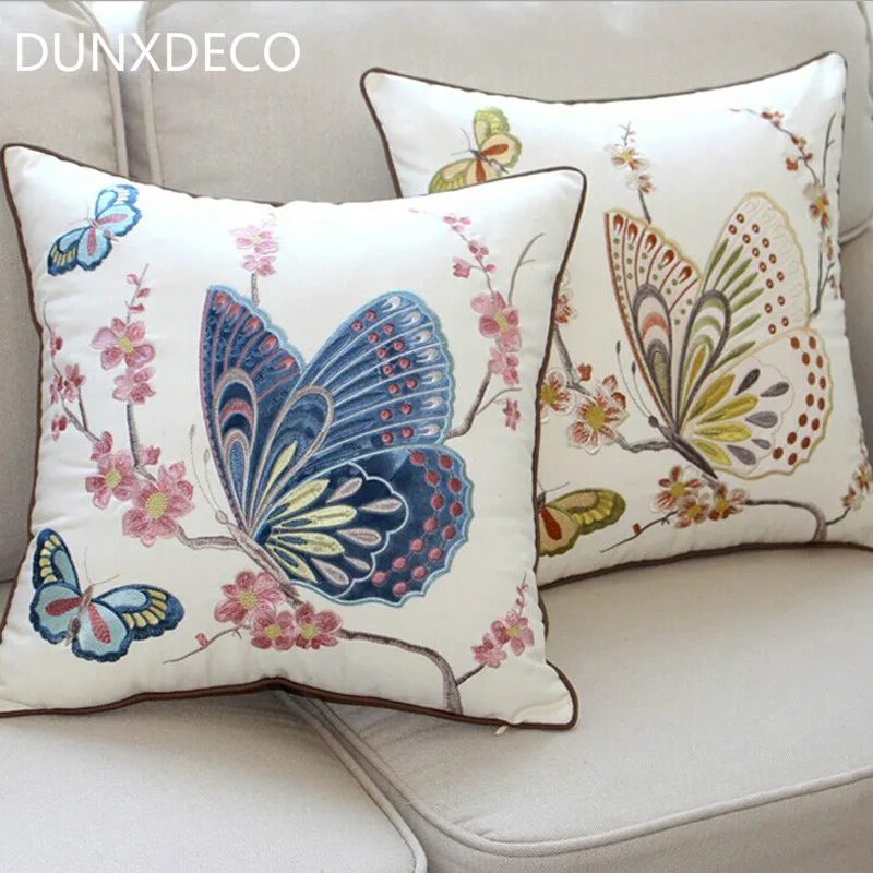 

DUNXDECO Cushion Cover Decorative Pillow Case Country Style Flora Butterfly Embroidery Coussin Sofa Room Decoration