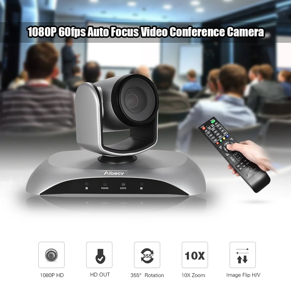 

Aibecy 1080P 60fps Video Conference Camera HD OUT 10X Optical Zoom Auto Focus Auto Scan Plug-N-Play Remote Control for office