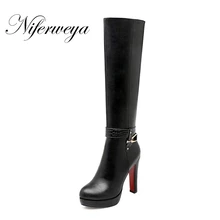 Новые зимние женские ботинки на толстом каблуке Большие размеры 33–43 круглый носок платформа Обувь на высоком каблуке сапоги до колена на молнии zapatos mujer