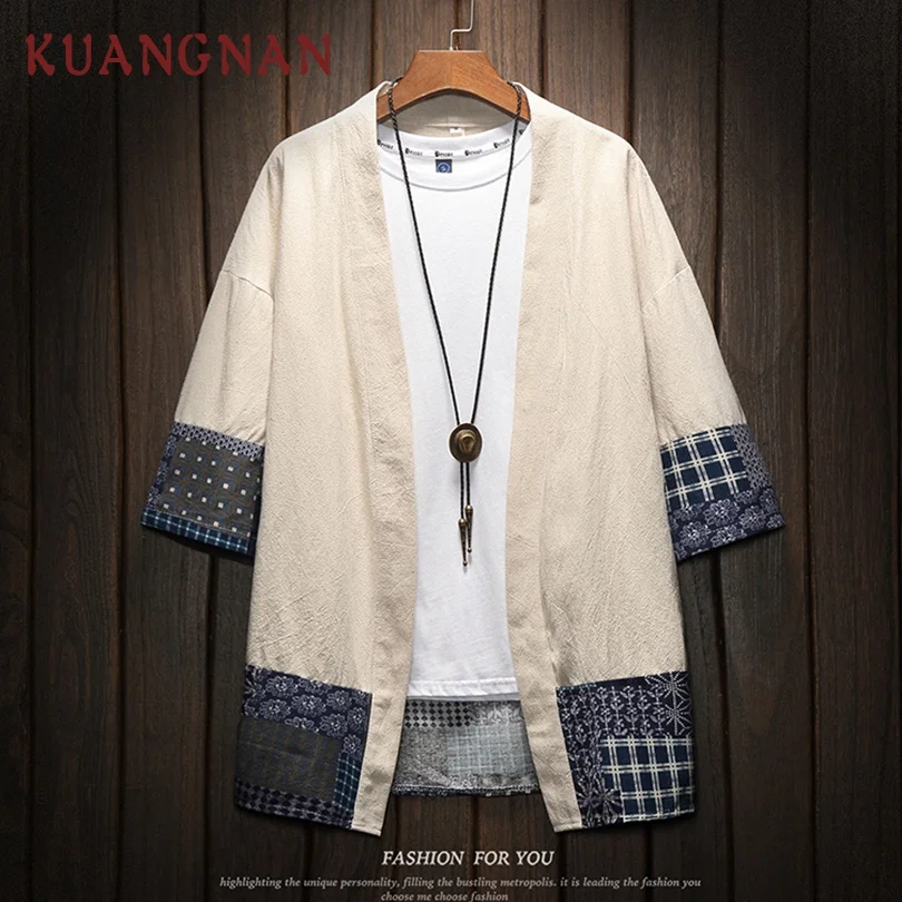 

KUANGNAN Chinese Kimono Cardigan Men Shirts 5XL Clothing Japanese Kimono Men Summer Kimono Shirt Men Streetwear 2019 New