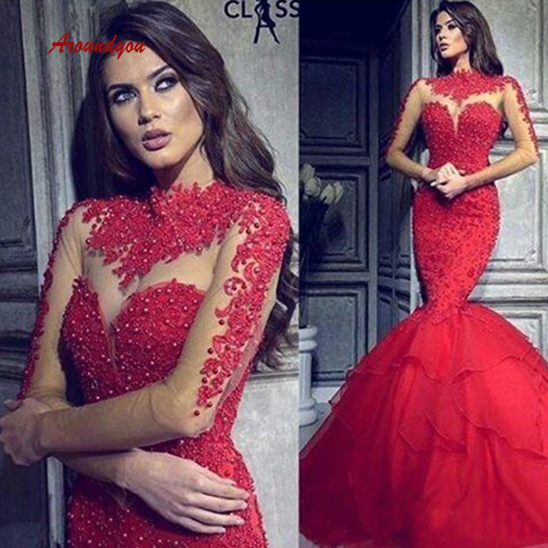 Красное платье с длинными рукавами «русалка» вечерние платья вечерние плюс Размеры бисером Для женщин Дамы Формальное вечернее платье