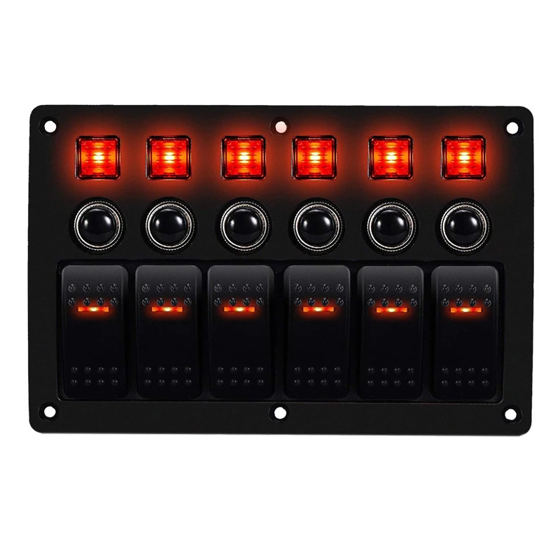 

6 Gang Red LED Rocker Switch Panel ABS Waterproof Circuit Breakers Control Switch 12V 24V Car Boat Marine 3PIN Panel Switch