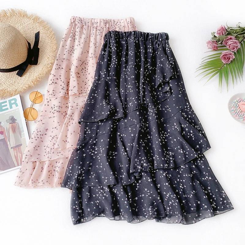 

2019 floral skirt female new fresh sweet dandelion high waist was thin A word long skirt chiffon cake skirt summer number 3