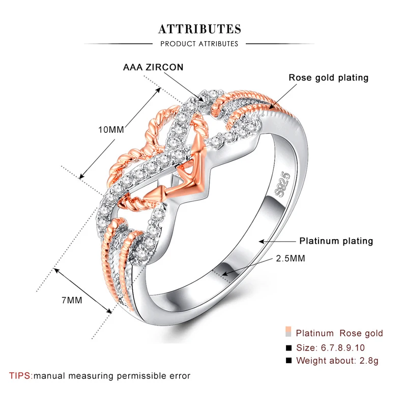 Свадебное кольцо для помолвки, фианит, любовь, два цвета, сердце, бесконечность, кольца для женщин, кубический цирконий, ювелирные изделия, модные аксессуары, подарки