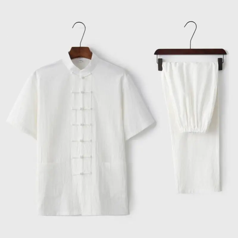 Летняя Повседневная Эластичная рубашка с воротником и штаны из 95% хлопка для мужчин, традиционный китайский костюм в стиле Тан, свободный комплект для кунг-фу, 3XL 4XL
