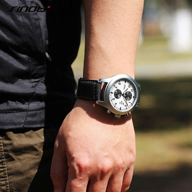 SINOBI Новые модные спортивные мужские часы пилот кварцевые наручные часы мужской черный кожаный ремешок Хронограф Женева часы relogio masculino
