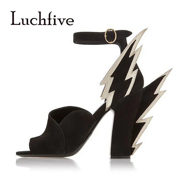 

2019 New Arrival Designer Fashion Gold Flame Sandals Genuine Suede Leather Block Heel Summer Runway Party Shoes Women