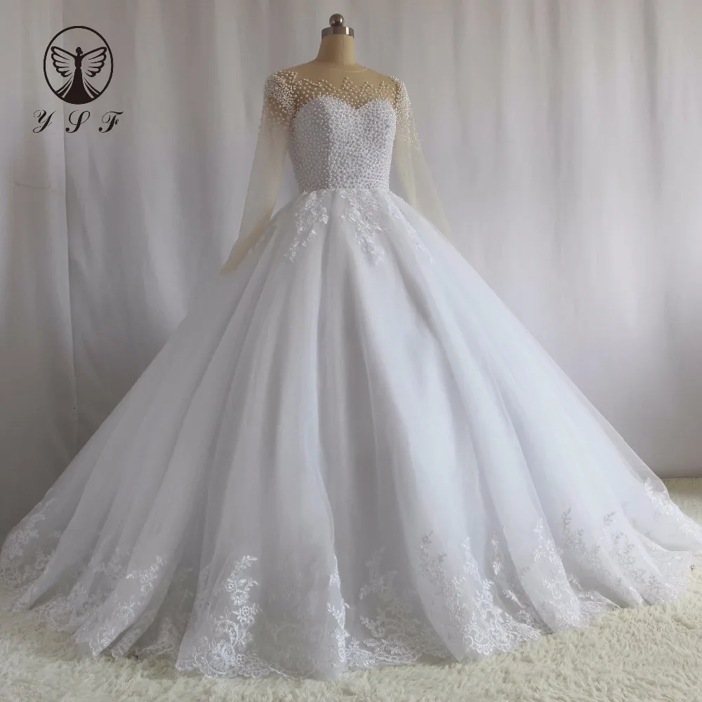

Elegant Vestidos De Novias O Neck Beaded Pearls Sheer Back Buttons Long Sleeve Lace Puffy Wedding Dresses