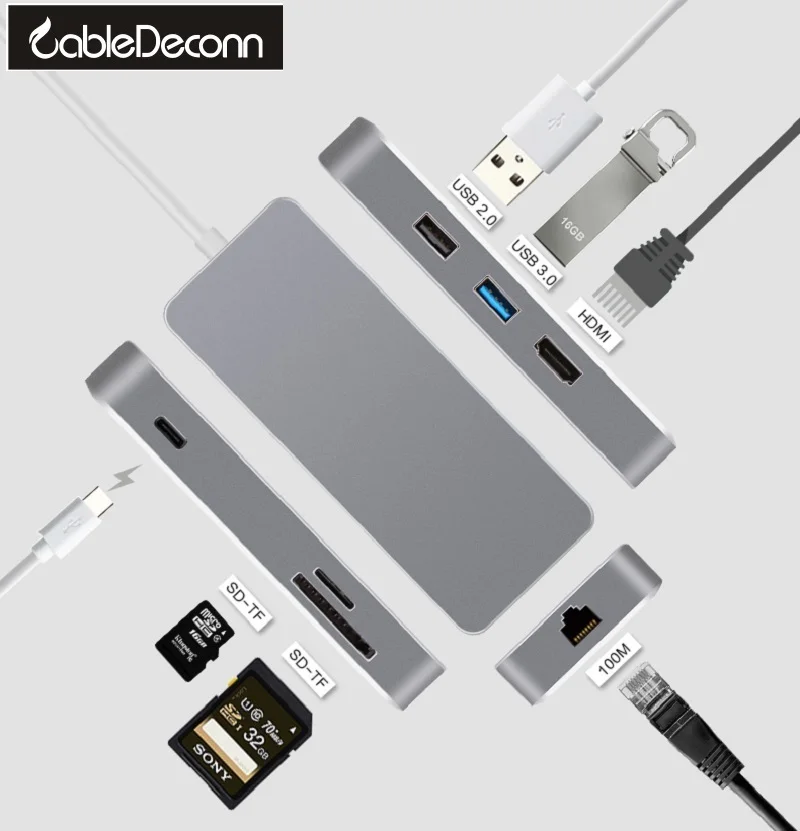 

USB-C HUB usb3.1 Type C to HDMI 2K USB3.0 USB2.0 Ethnernet gigabit RJ45 SD TF card USB C Adapter for Macbook Pro 2017 2016