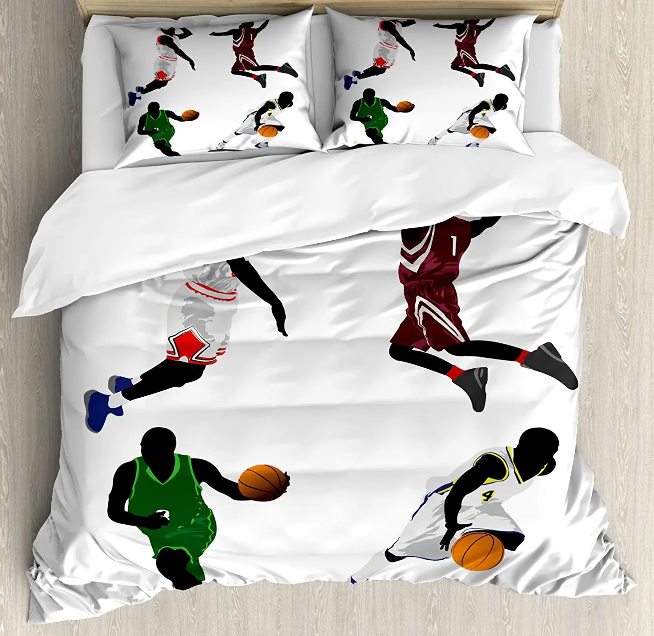 

Duvet Cover Set, Basketball Players Dribbling Dunking Floater Vibrant Colored Uniforms Sportsmanship, 4 Piece Bedding Set