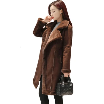 

2018 Autumn Winter Women Suede Leather Coat Female Turn Down Collar Super Warm Thicken Coat Ladies Long Lamb Outwear Coat F514