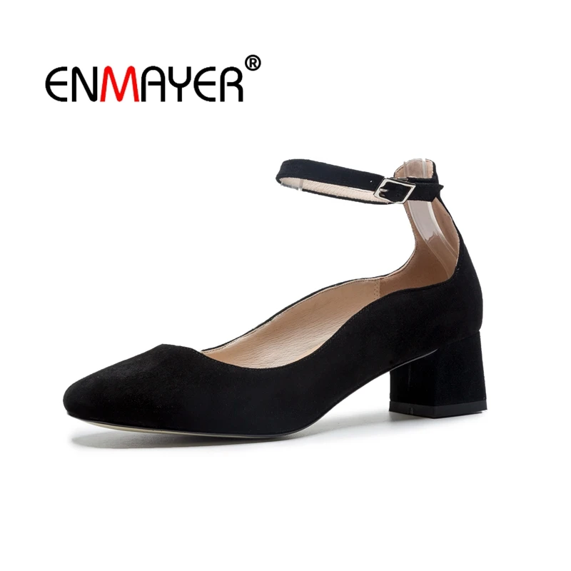 

ENMAYER Woman High Heels Black Summer Pumps Square Toe Slip-on 2018 Top Quality Pumps Shoes Size 34-39 Buckle strap Suede CR1489