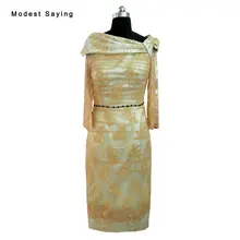 Real Elegant Gold Sheath Beaded Long Sleeves Mother of the Bride Lace Dresses 2017 Formal Women Tea-Length Party Prom Gowns LE10