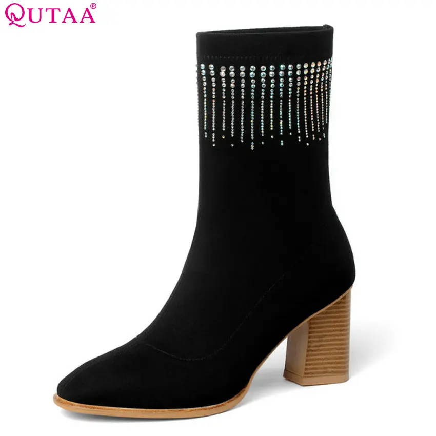 

QUTAA 2019 New Fashion Cow Suede Platform Winter Shoes Women Ankle Boots Square High Heel Women Motorcycle Boots Size 34-39