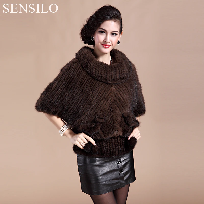 

Autumn Winter Women's Genuine Natural Knitted Mink Fur Pullover Bat Sleeve Bride Cape Lady Warm Short Coats VF0194