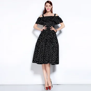 

High Quality 2017 Summer Newest Cute Style Spaghetti Strap Slash Neck Dot Print Collect Waist Knee-Lenth Expansion Dress Women