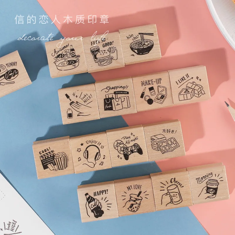 

4Pcs Wooden Seal Set DIY Bullet Journal Daily Deco Planner Scrapbook Students Stationery Supplies
