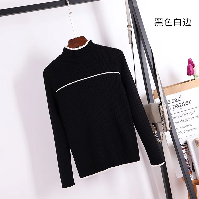 Высокое качество толстый полосатый Женский свитер цветной блок ребристый вязаный пуловер Джемпер осень зима теплый женский свитер - Цвет: black White Stripe