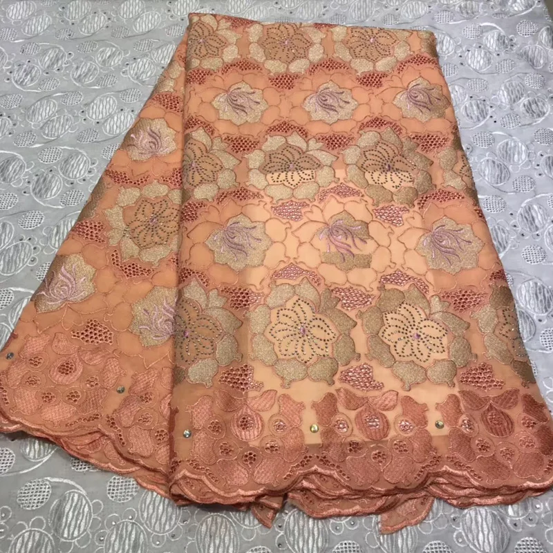

Free shipping 5yards/pc) high quality peach color Swiss lace fabric beautiful embroidered African voile lace fabric CLP340
