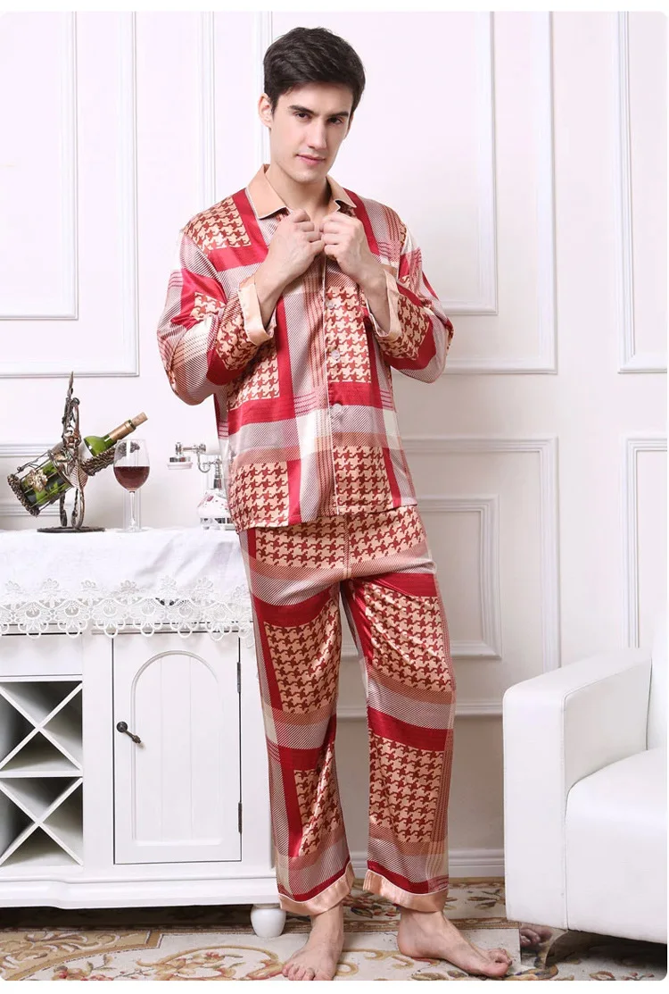 Осенне-летняя одежда для отдыха с длинными рукавами и длинными штанами, пижамный комплект для мужчин, разноцветная Шелковая пижама с принтом, мужская пижама, пижама ночная рубашка