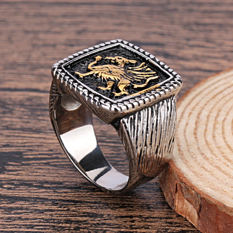 

Templar Knight Cross Antiqued Ring Stainless Steel Two Colors Dinosaur Pattern Gothic Jewelry Finger Ring for Men