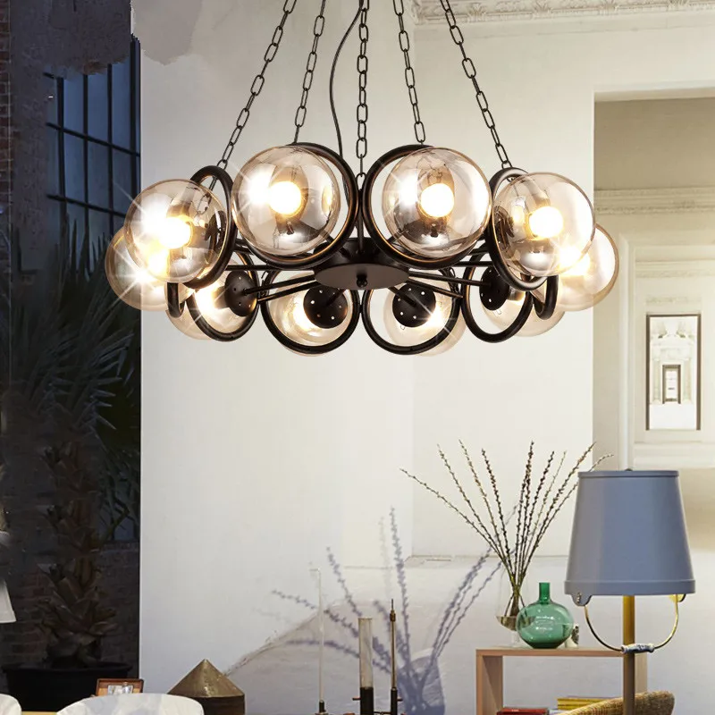 

Nordic modern style glass ball iron herringbone branch pendant light living room restaurant bedroom lamp