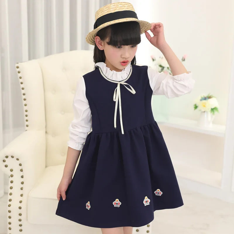 

Girls cotton princess dress spring and autumn style college dress bow long sleeve stitching casual dress