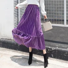 Новая модная Осенняя Женская Золотая Бархатная юбка длинные плиссированные юбки женские s Saias миди Faldas винтажные женские миди юбки