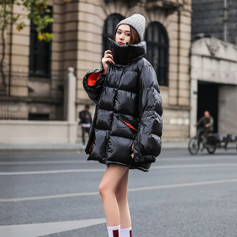 Женский глянцевый пуховик, зимняя свободная теплая верхняя одежда, корейская мода размера плюс, парка с хлопковой подкладкой, куртки, пальто для женщин